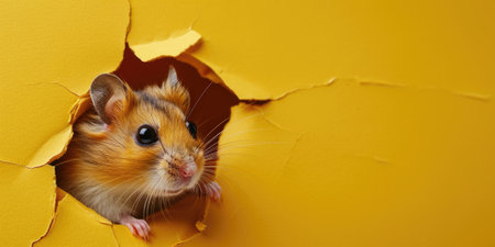 Close up view picture of the hollow yellow hole on the the wall that show the hamster stay inside the wall that has been made from some material yet still can break to look through other side. AIGX03.の素材