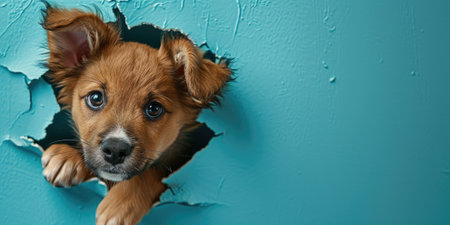 Close up view picture of the hollow blue hole on the the wall that show the dog stay inside the wall that has been made from some material yet still can break to look through the other side. AIGX03.の素材