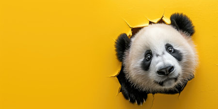 Close up view picture of the hollow yellow hole on the the wall that show the panda stay inside the wall that has been made from some material yet still can break to look through other side. AIGX03.の素材
