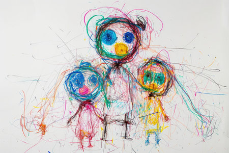 The hand drawing colourful picture of the group of the human family that has been drawn by the colored pencil, crayon or color chalk on the white background that seem to be drawn by the child. AIGX01.の素材