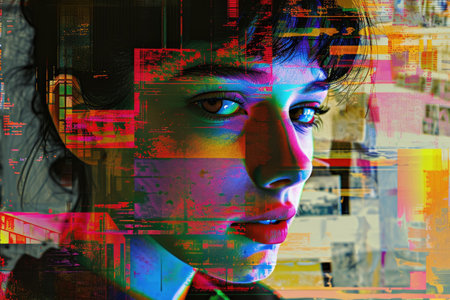 The close up picture of human face with emotionless expression that the picture has neon glitch effect that feels like from scifi or science fiction futuristic cyberpunk artstyle yet dystopia. AIGX01.の素材