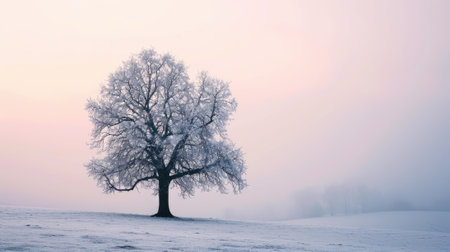 The picture of the single tree that has been covered with white snow in the middle of the empty snow land in the winter season and light from the sun can make everything bright clear on land. AIGX03.の素材