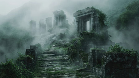 An ancient ruin on a misty mountain, with forgotten temples and overgrown paths. A mysterious fog envelops the scene, creating a sense of mystery and age. Resplendent.の素材
