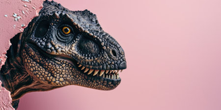 Close up view picture of the hollow pink hole on the the wall that show the t.rex stay inside the wall that has been made from some material yet still can break to look through the other side. AIGX03.の素材