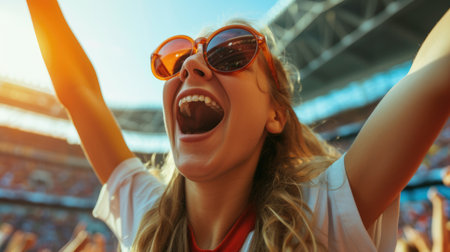 A fan cheers with arms raised among a lively crowd at a sports competition event. AIG41の素材