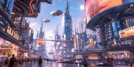 Futuristic city glows with soft hues, complemented by the sleek design of hovering vehicles above the vibrant skyline. Resplendent.の素材