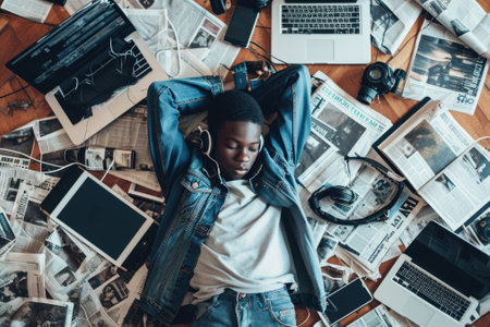 The top view of picture that about young african american human laying down and listening to the music and focused in the full of the thought and music with room that surrounded with devices. AIGX03.の素材