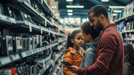 A family is exploring books at a library, having fun and browsing through various genres. They discuss different patterns, travel, and art concepts. AIG41の素材