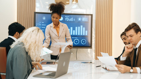 Presentation in office or ornament meeting room with analyst team utilize BI Fintech to analyze...
