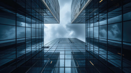 Tall buildings against cloudy sky. A symmetrical masterpiece. AIG41の素材