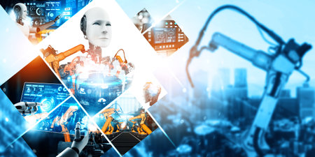 Automated AI industry robot and robotic arms assembly in factory production. Concept of artificial...