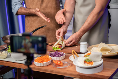 Cropped view of chef influencers presenting fresh salad roll on cooking step by step, streaming via smartphone on social media live channel, showing ingredients vegetable soft tortilla wrap. Sellable.の写真素材