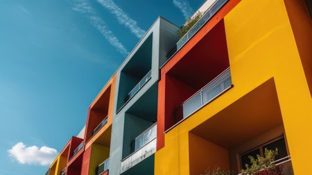 The colourful structure under the bright clear blue sky with the ray of light from brightest sun that cover most part of the building but even that the structure still left some the shadow. AIGX03.の素材