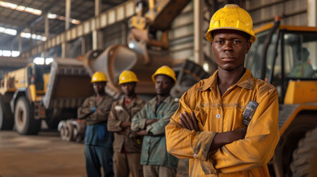 group portrait of construction workers with background of excavation machinery aigx04の素材