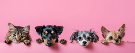 The picture of front view and close up of the multiple group of the various cat and dog in front of the bright pink background that look back to the camera with the curious and interest face. AIGX03.の素材
