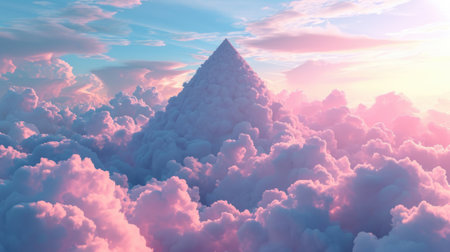 The great pink floating triangle cloud beyond the sky that surrounded with cloudscape at the dawn or dusk time of the day that shine neon light and bright to the every part of the endless sky. AIGX03.の素材