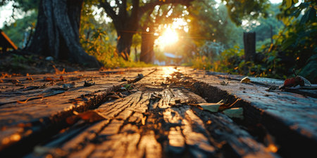 The picture of the wood table in the middle of the forest that surrounded with an uncountable amount of tree and plant in the forest with a bright light from the brightest sun of the daytime. AIGX03.の素材