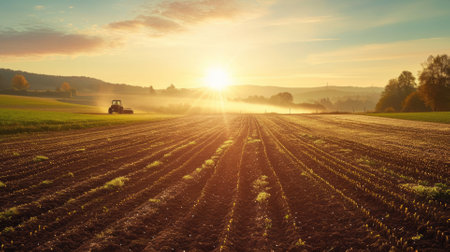 An early morning farmers field, dew on crops, sunrise casting a golden glow, tranquil and fertile landscape. Resplendent.の素材