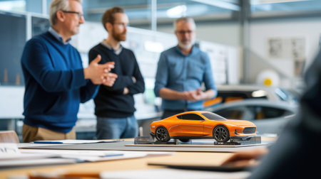 A team of individuals is collaborating on designing and assembling a model car, using components like tires, wheels, vehicle body parts, lights, and mirrors. AIG41の素材