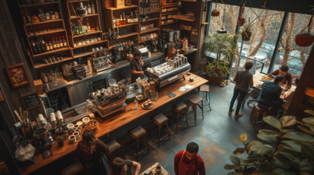 The hustle of a busy coffee shop with patrons enjoying their drinks and baristas crafting coffee, creating a lively community space. Resplendent.の素材