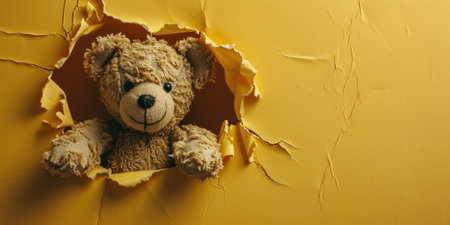 Close up view picture of the hollow yellow hole on the the wall that show the teddy stay inside the wall that has been made from some material yet still can break to look through other side. AIGX03.の素材