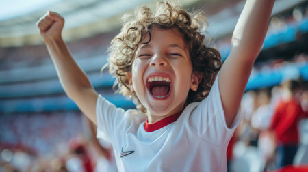 A jubilant soccer fan celebrates a goal, cheering and clapping in a stadium filled with spectators during a crucial match. AIG41の素材