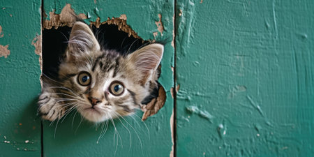 Close up view picture of the hollow green hole on the the wall that show the cat stay inside the wall that has been made from some material yet still can be break to look through other side. AIGX03.の素材