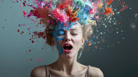 The picture that about the human face with different facial expression with colourful blowing effect near their head that can be portrayed feeling when they received too much the information. AIGX03.の素材