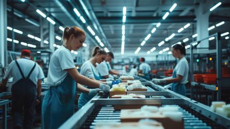 A group of men are engaged in mass production on a conveyor belt in a factory, utilizing machines and engineering skills. AIG41の素材