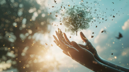Conceptual image of a tree flourishing from soil held in human hands, symbolizing growth and environmental care. AIG41の素材
