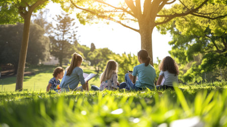 A joyful group of people enjoying the natural landscape, sitting on the grass in a park surrounded by trees and terrestrial plants. AIG41の素材