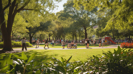 A group of people enjoying leisure activities in a park with a playground, surrounded by natural landscapes, trees, grass, and plants. AIG41の素材