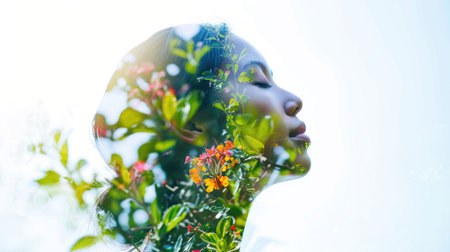 The closeup double exposure picture between young adult beautiful female caucasian human and bright beautiful nature in the morning or evening that the picture stand for peaceful of the life. AIGX01.の素材