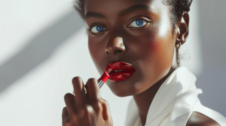 The picture of the red lips young beautiful african woman looking at the camera while holding the red lipstick near the mouth while wearing white shirt with white background for advertisement. AIGX01.の素材