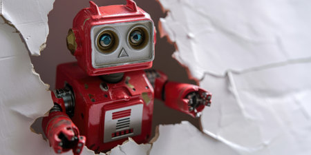 Close up view picture of the hollow white hole on the the wall that show the robot stay inside the wall that has been made from some material yet still can be break to look through other side. AIGX03.の素材