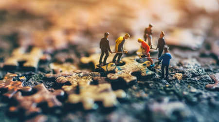 The miniature varies group of employed people that standing still on the uncompleted jigsaw board trying to work together to find the solution for the problem that they talking to each other. AIGX03.の素材