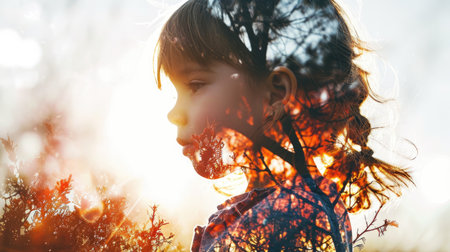 The closeup double exposure between the caucasian young girl and the beautiful vividly nature that the picture, it stands for the peaceful of the life or relaxation with the beautiful nature. AIGX01.の素材