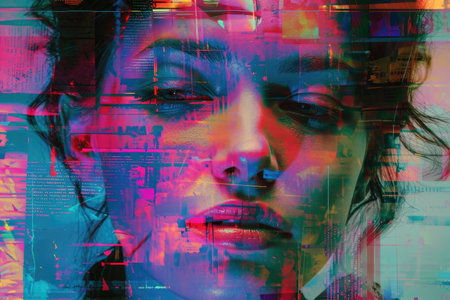 The close up picture of human face with emotionless expression that the picture has neon glitch effect that feels like from scifi or science fiction futuristic cyberpunk artstyle yet dystopia. AIGX01.の素材