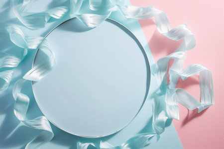 A front view of the isolated plate that has been placed on pink and blue background that decorated with pastel ribbon that can compile to the things like the celebration, festival or ceremony. AIGX03.の素材