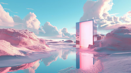 A metallic pink square portal in the middle of the clear river that connected to the ocean that surrounded with a pile of the pink sand and pink desert under the cloudy sky in the sunny day. AIGX03.の素材