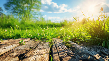 The picture of the wood table in the middle of the forest that surrounded with an uncountable amount of tree and plant in the forest with a bright light from the brightest sun of the daytime. AIGX03.の素材