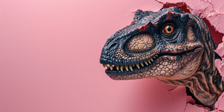 Close up view picture of the hollow pink hole on the the wall that show the t.rex stay inside the wall that has been made from some material yet still can break to look through the other side. AIGX03.の素材