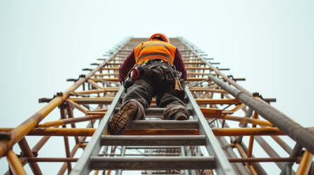 A man in workwear with a red jumpsuit, helmet, and engineering tools stands on a ladder in a building amidst the citys steel and metal structures. AIG41の素材