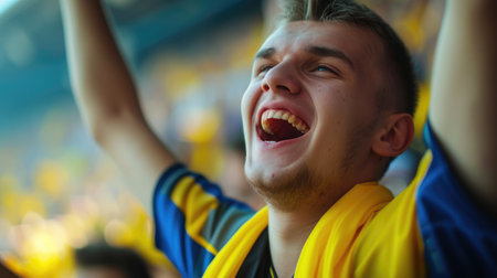 A happy fan in a yellow shirt is celebrating with a gesture, smiling and screaming in the air, enjoying the fun event surrounded by a lively crowd. AIG41の素材