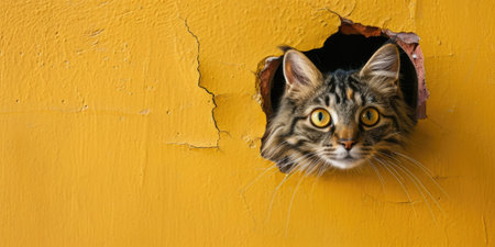 Close up view picture of the hollow yellow hole on the the wall that show the cat stay inside the wall that has been made from some material yet still can be break to look through other side. AIGX03.の素材