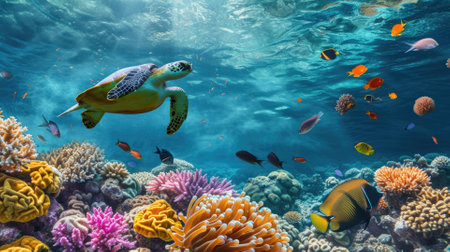 A sea turtle glides through the clear blue waters of a coral reef teeming with colorful marine life and diverse coral formations. Resplendent.の素材