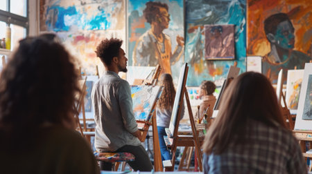 A group of individuals are seated around tables, enjoying an artistic event in a studio furnished with chairs and tables. This leisurely gathering fosters sharing and appreciation of visual artsの素材