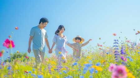 A happy family holding hands walks through a grassy field of flowers, surrounded by the beautiful natural landscape and vast sky. AIG41の素材