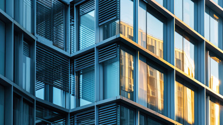 A tall building with numerous windows stands proudly on the corner, its facade adorned with glass panels, creating a symmetrical appearance in the city skyline. AIG41の素材