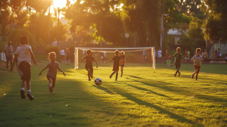 A group of players are enjoying a game of soccer on a grassfield under the blue sky, surrounded by trees and lush green landscape. AIG41の素材